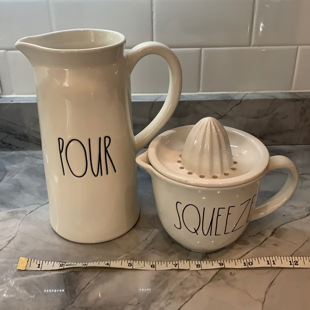 Rae Dunn carafe and juicer